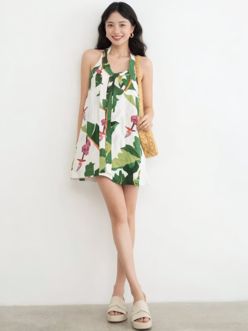 NWT Farm Rio White Tropicalistic Linen mini dress Large cross back button front